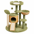 Arbre à chat multiniveau en bois, sisal et tissu, vert olive, beige et bois naturel, 90 x 70 x 120 cm, avec niche et couchages