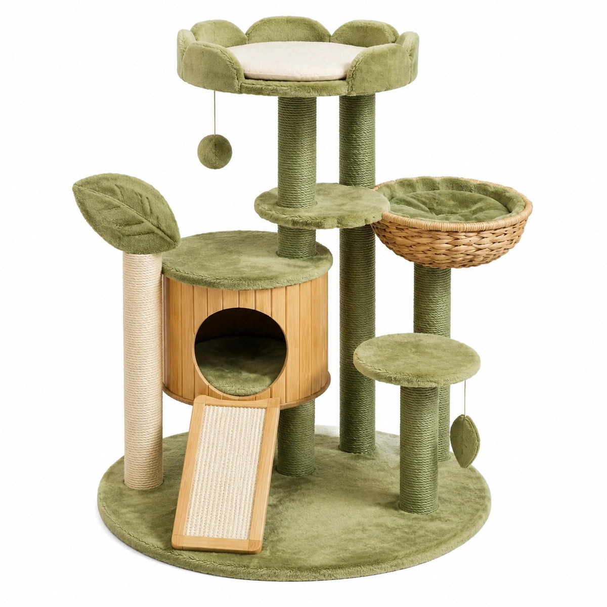 Arbre à chat multiniveau en bois, sisal et tissu, vert olive, beige et bois naturel, 90 x 70 x 120 cm, avec niche et couchages