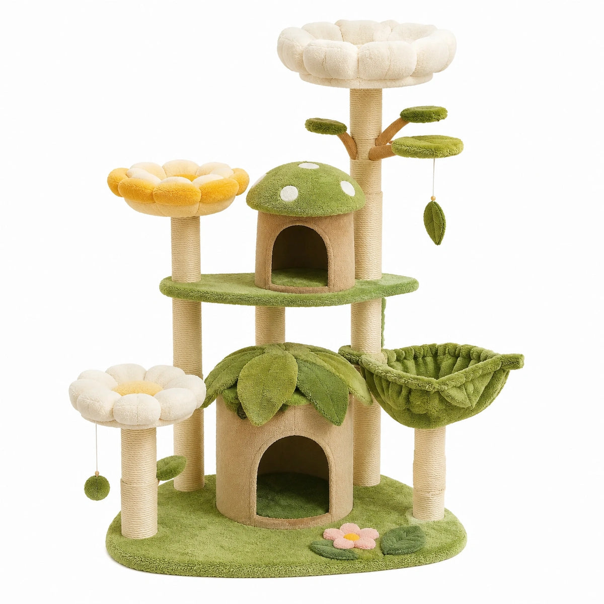 Arbre à chat floral en peluche et sisal, 105 x 58 x 165 cm, vert, beige, blanc, jaune et rose, avec 2 niches, hamac et couchages