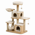 Arbre à chat multiniveau beige et bois naturel 100 x 60 x 175 cm avec 2 niches, hamac et poteaux en sisal