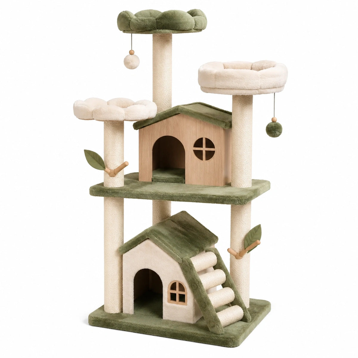 Arbre à chat en bois, sisal et peluche 60 x 50 x 160 cm, vert olive, beige et bois naturel, avec deux niches et trois plateformes
