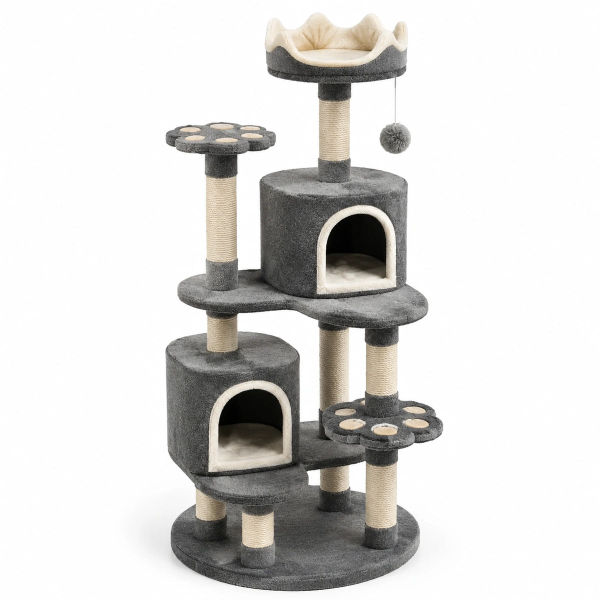 Arbre à chat gris et crème 60 x 50 x 175 cm avec 2 niches, plateformes et poteaux en sisal