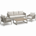 Ensemble extérieur contemporain 4 pièces gris et beige avec canapé 3 places 198 cm, 2 fauteuils 76 cm et table basse 110 cm