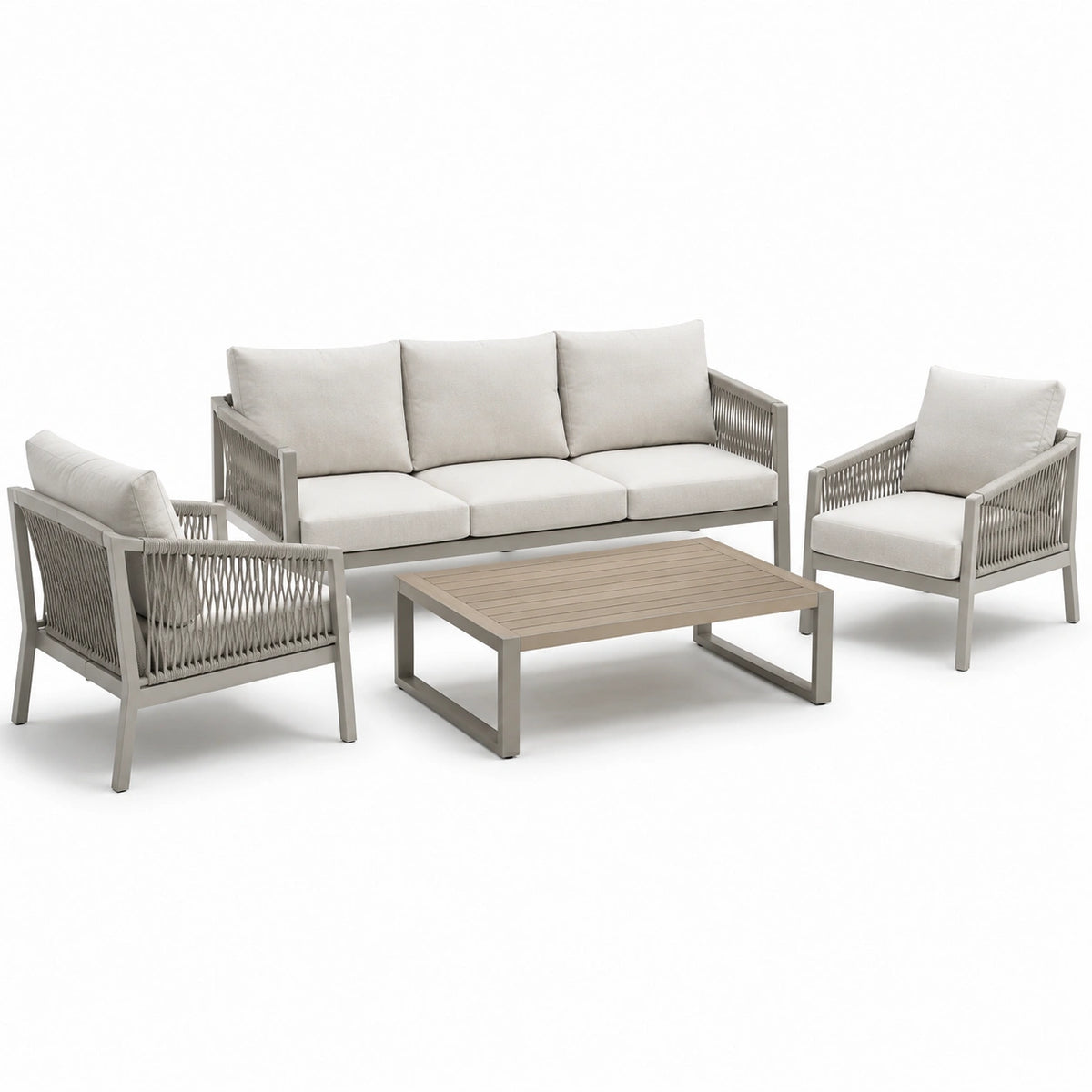 Ensemble extérieur contemporain 4 pièces gris et beige avec canapé 3 places 198 cm, 2 fauteuils 76 cm et table basse 110 cm