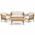 Ensemble de jardin 4 pièces en bois naturel, corde tressée et coussins beiges – canapé 127 x 76 x 79 cm, fauteuils 69 x 76 x 79 cm, table 100 x 55 x 40 cm