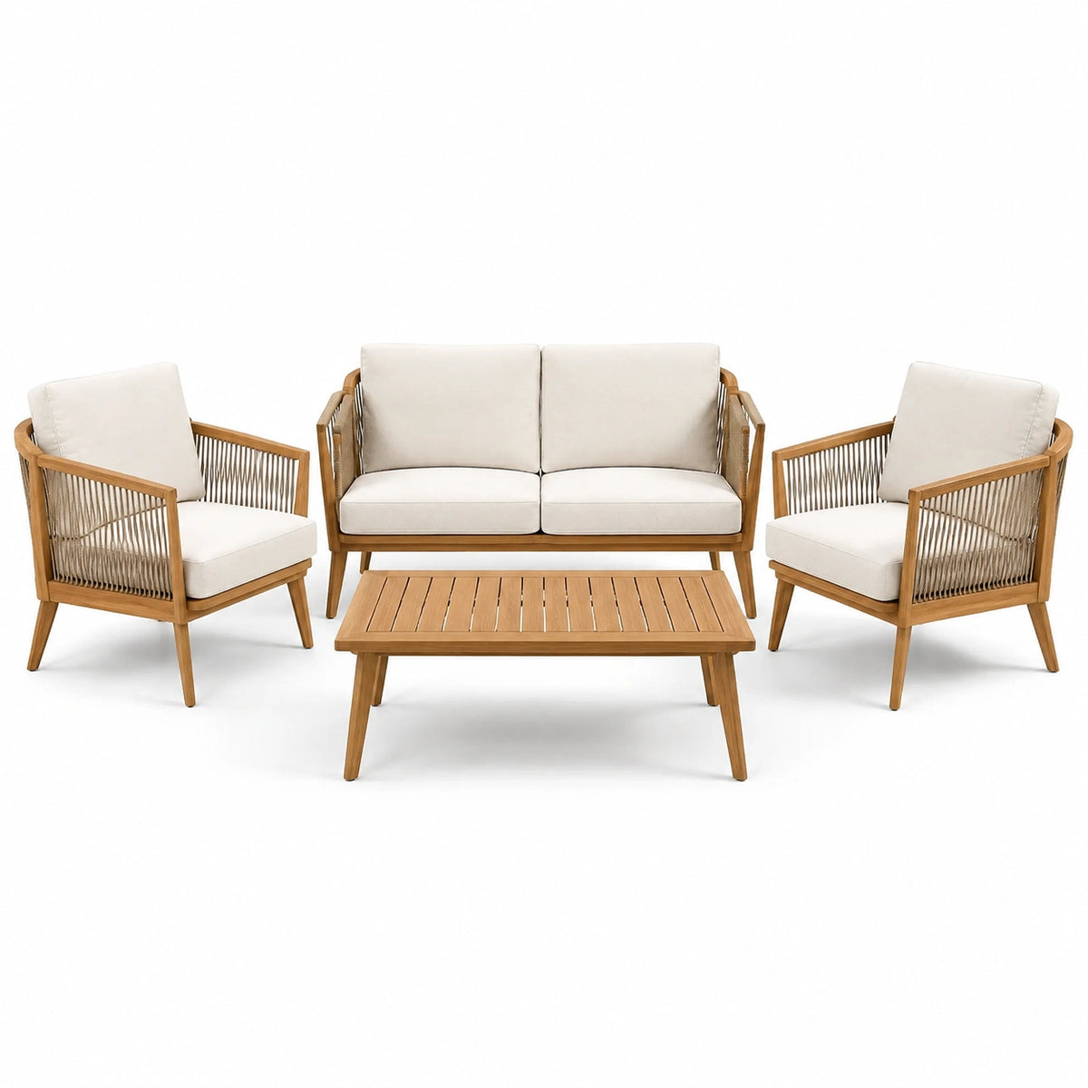 Ensemble de jardin 4 pièces en bois naturel, corde tressée et coussins beiges – canapé 127 x 76 x 79 cm, fauteuils 69 x 76 x 79 cm, table 100 x 55 x 40 cm