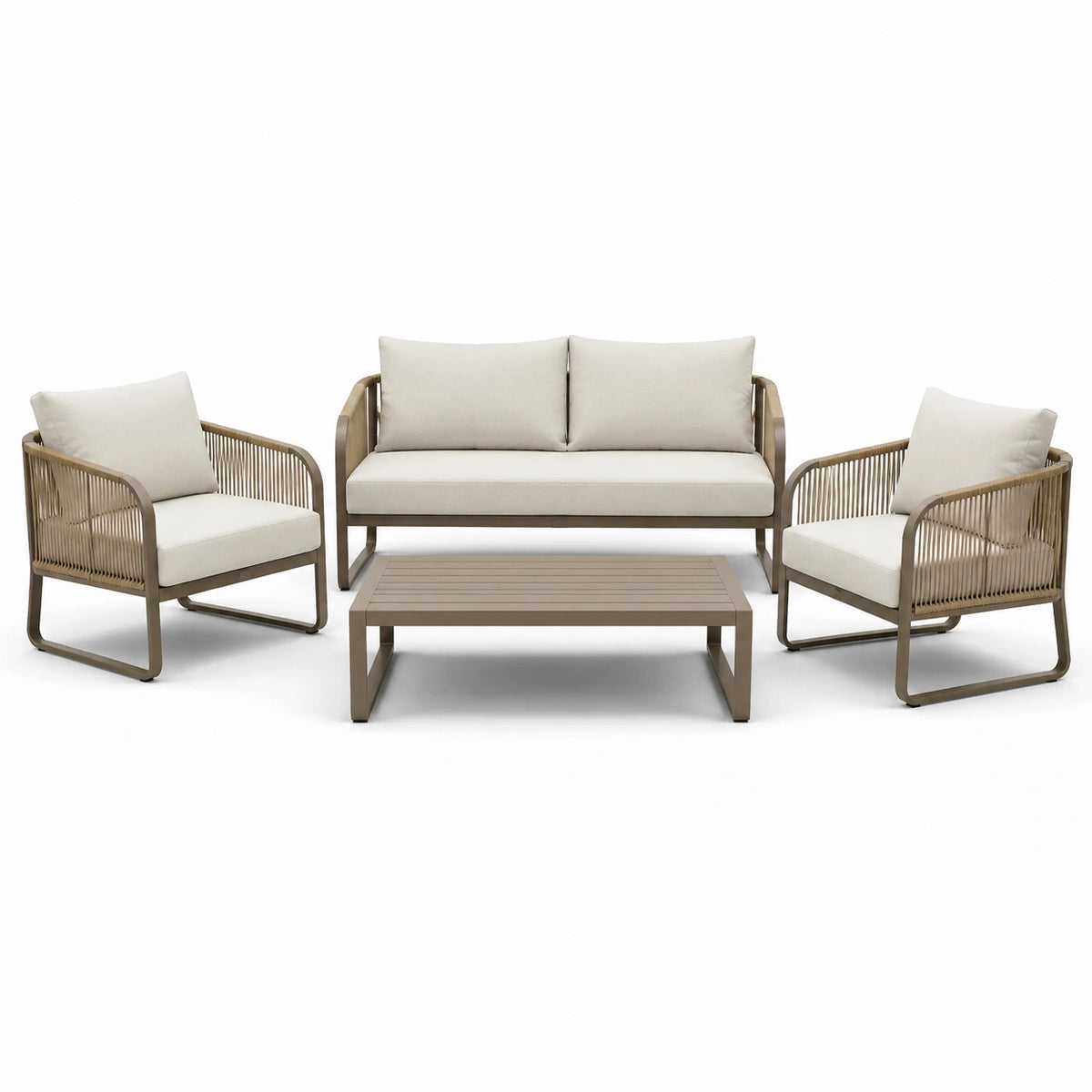Salon de jardin 4 pièces beige et taupe avec canapé 150 cm, 2 fauteuils 74 cm et table basse 100 x 55 cm