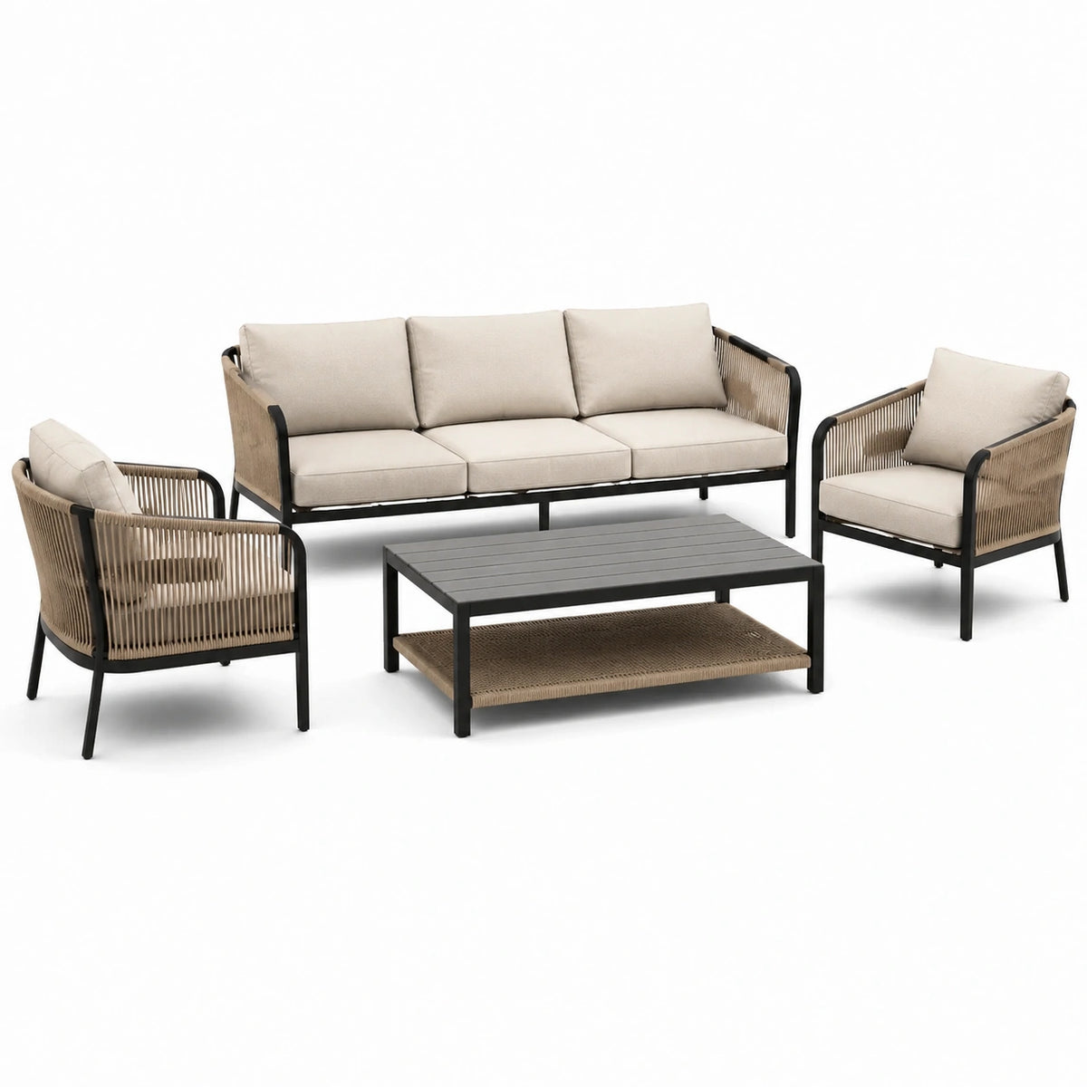 Ensemble de jardin 4 pièces 5 places beige, noir et taupe – canapé 190 x 75 x 78 cm, 2 fauteuils et table basse