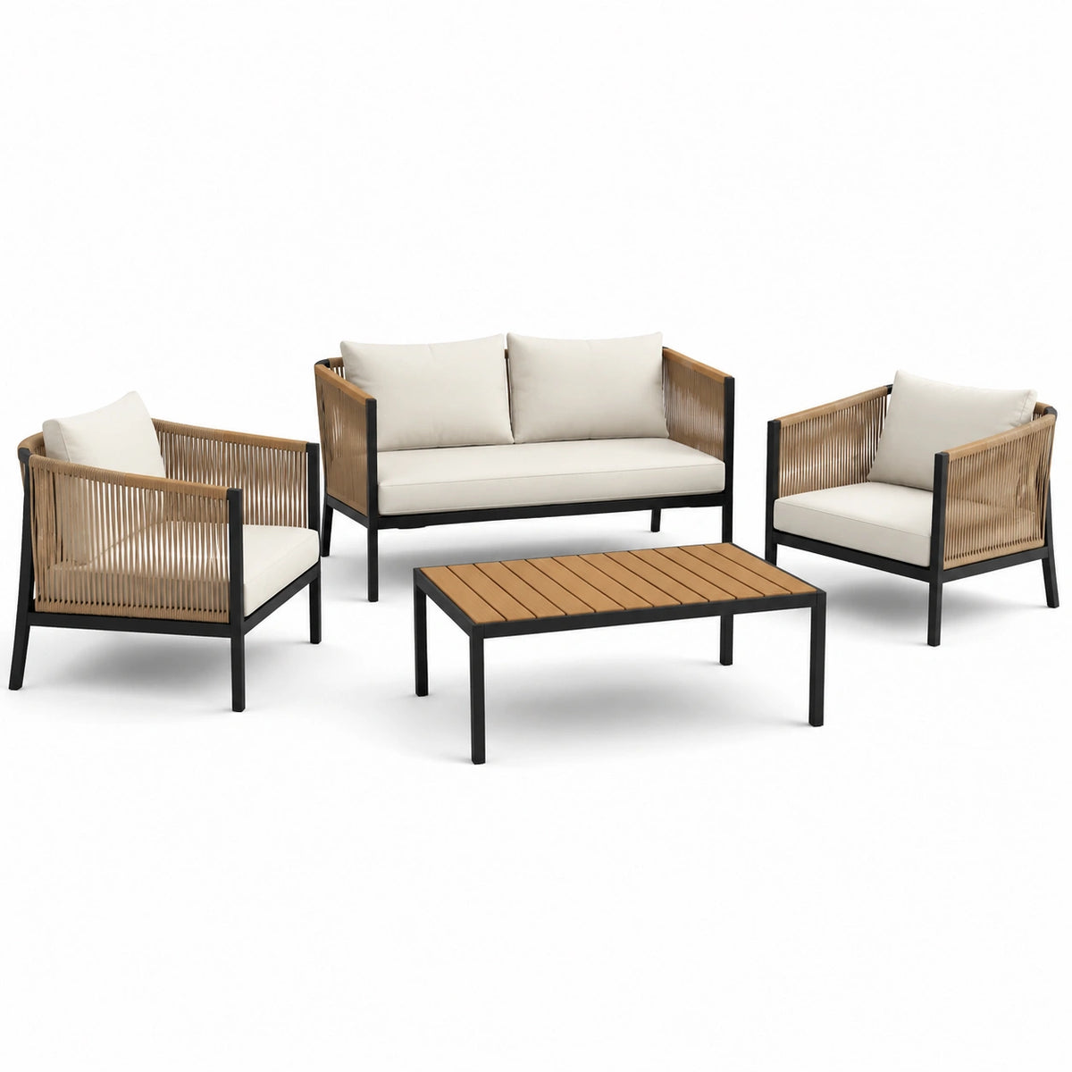 Ensemble 4 pièces beige, noir et marron avec canapé 129 x 72 x 75 cm, 2 fauteuils 69 x 72 x 75 cm et table basse 100 x 60 x 41 cm