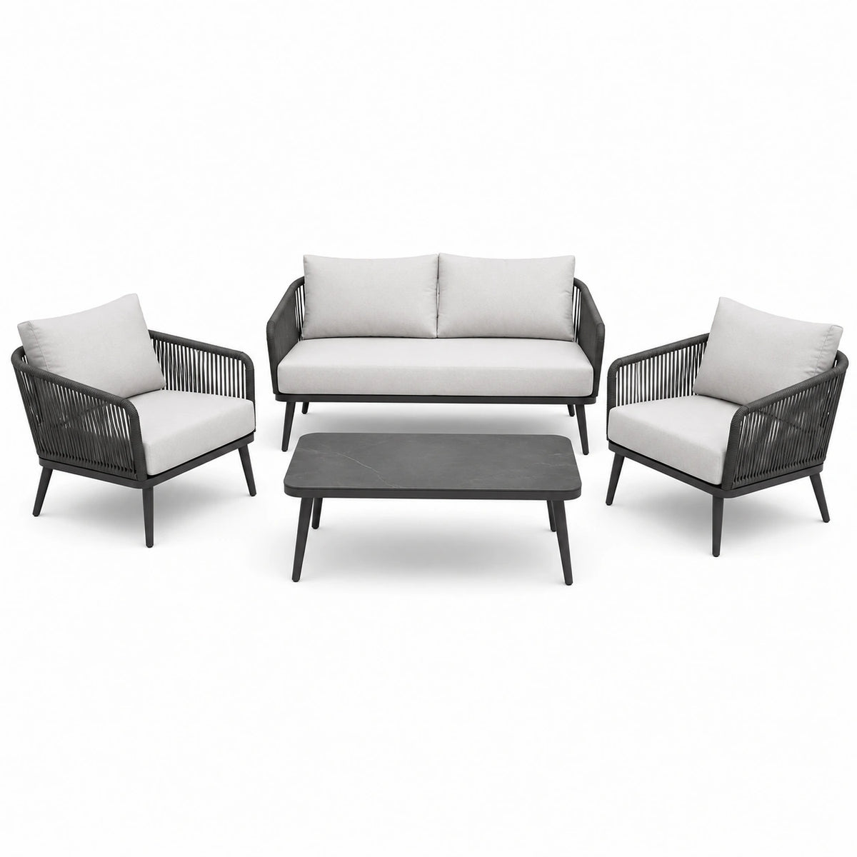 Ensemble de jardin 4 pièces noir et gris clair – canapé 165 x 78 x 78 cm, 2 fauteuils 76 x 78 x 78 cm et table 110 x 60 x 40 cm