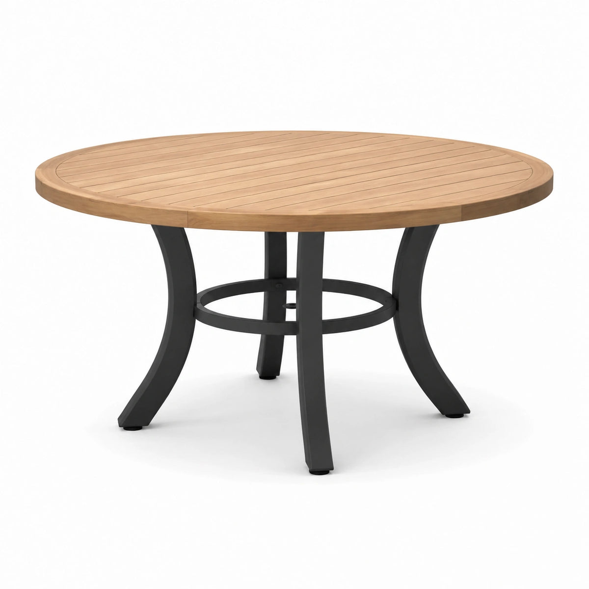 Table de jardin ronde Ø 120 x H 75 cm, plateau à lattes en bois naturel et pieds en métal noir