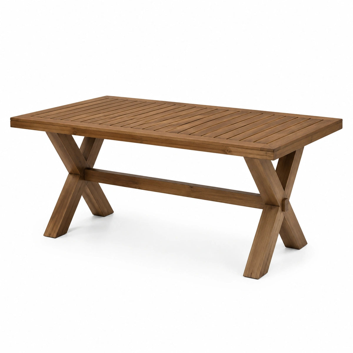 Table de jardin rectangulaire en bois brun avec plateau à lattes et pieds croisés, 180 x 90 x 75 cm