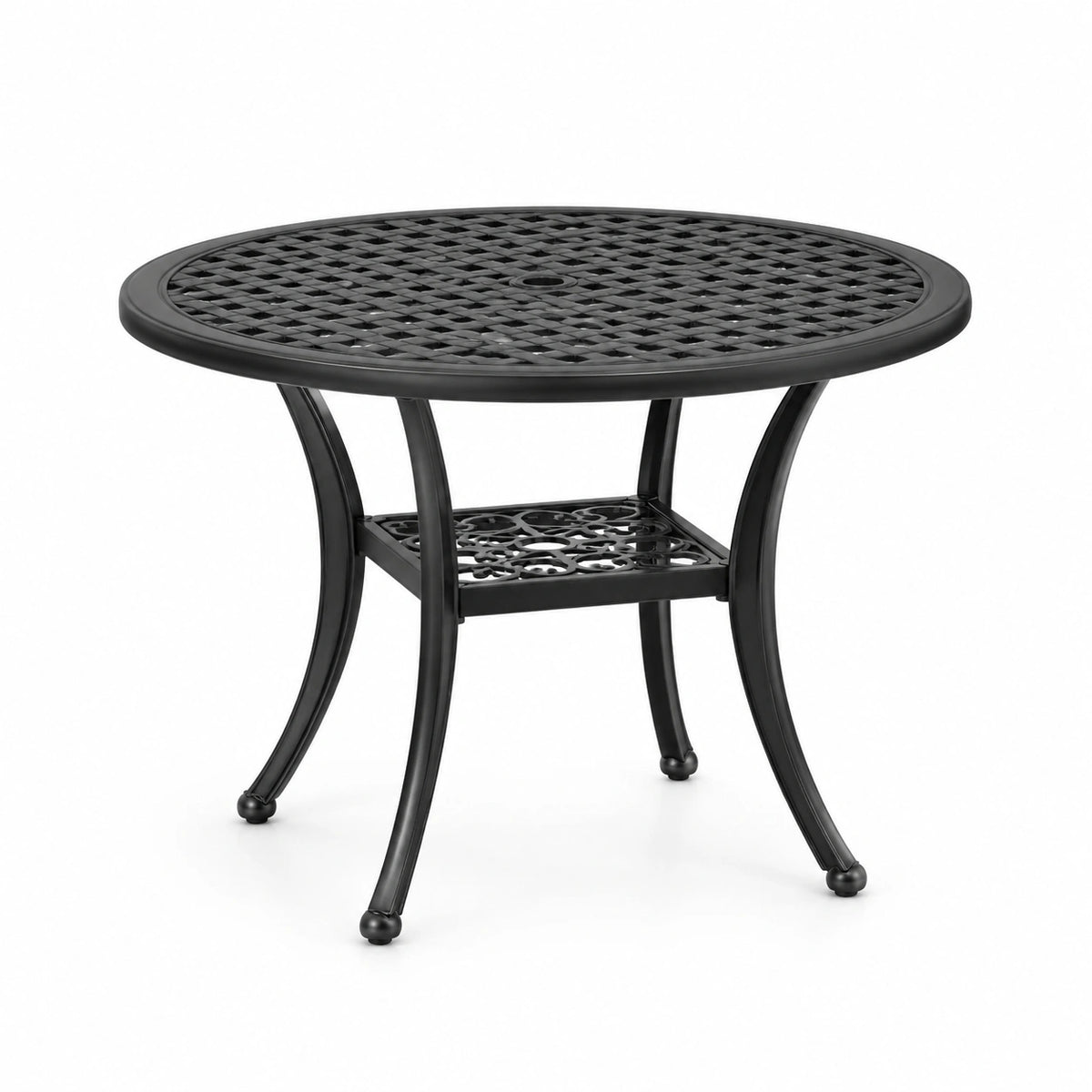 Table de jardin ronde en métal noir Ø 90 x H 74 cm avec trou pour parasol et tablette inférieure