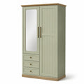 Armoire 2 portes avec miroir, 3 tiroirs et 2 tablettes, vert sauge, effet chêne et bronze, 100 x 55 x 190 cm