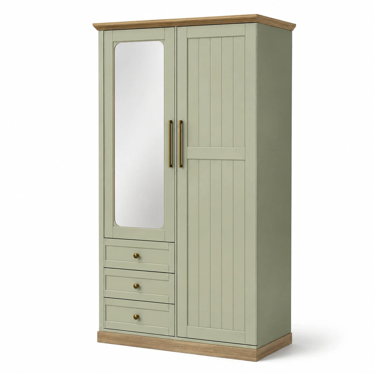 Armoire 2 portes avec miroir, 3 tiroirs et 2 tablettes, vert sauge, effet chêne et bronze, 100 x 55 x 190 cm