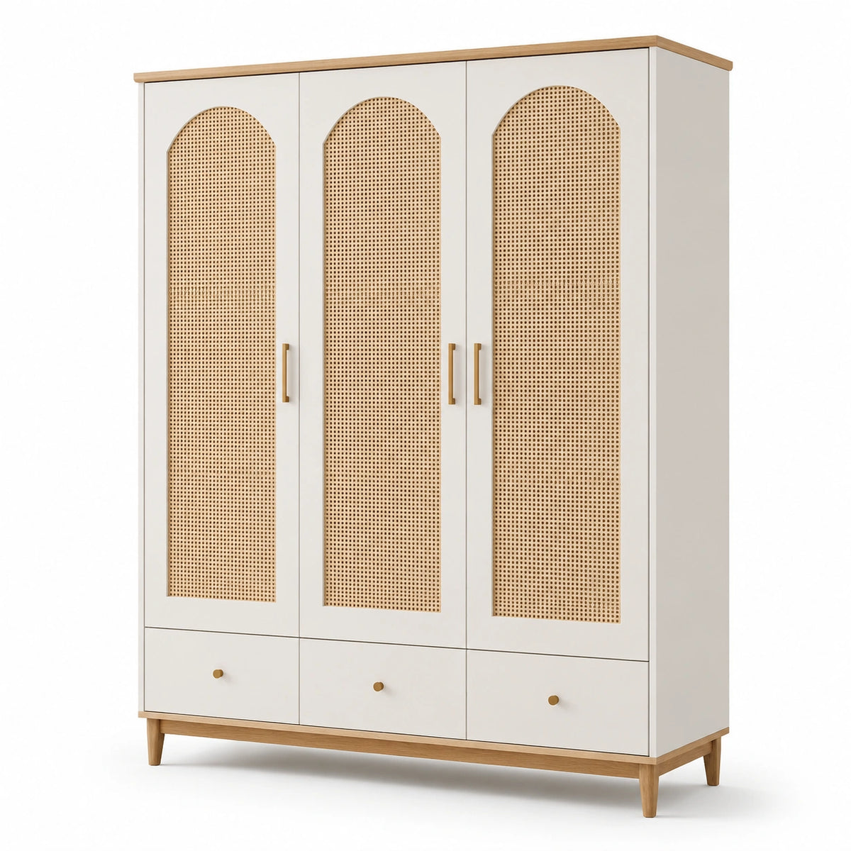 Armoire contemporaine à 3 portes et 3 tiroirs, blanc et bois naturel, 150 x 55 x 200 cm
