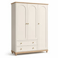 Armoire ivoire en bois à 3 portes et 2 tiroirs, détails en bois naturel et laiton, 140 x 55 x 200 cm