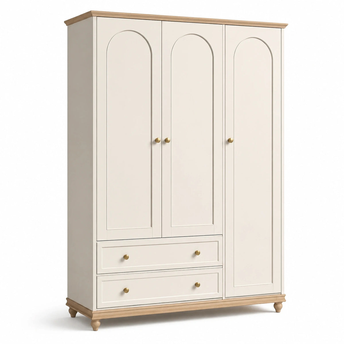 Armoire ivoire en bois à 3 portes et 2 tiroirs, détails en bois naturel et laiton, 140 x 55 x 200 cm