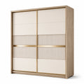 Armoire penderie à 2 portes coulissantes, effet chêne clair, beige et doré, 200 x 60 x 220 cm