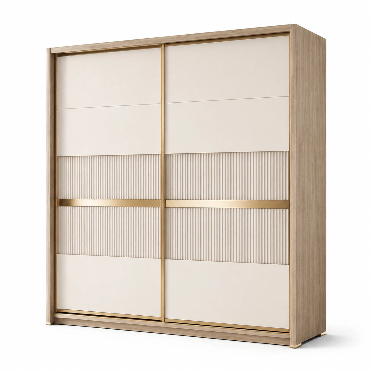 Armoire penderie à 2 portes coulissantes, effet chêne clair, beige et doré, 200 x 60 x 220 cm