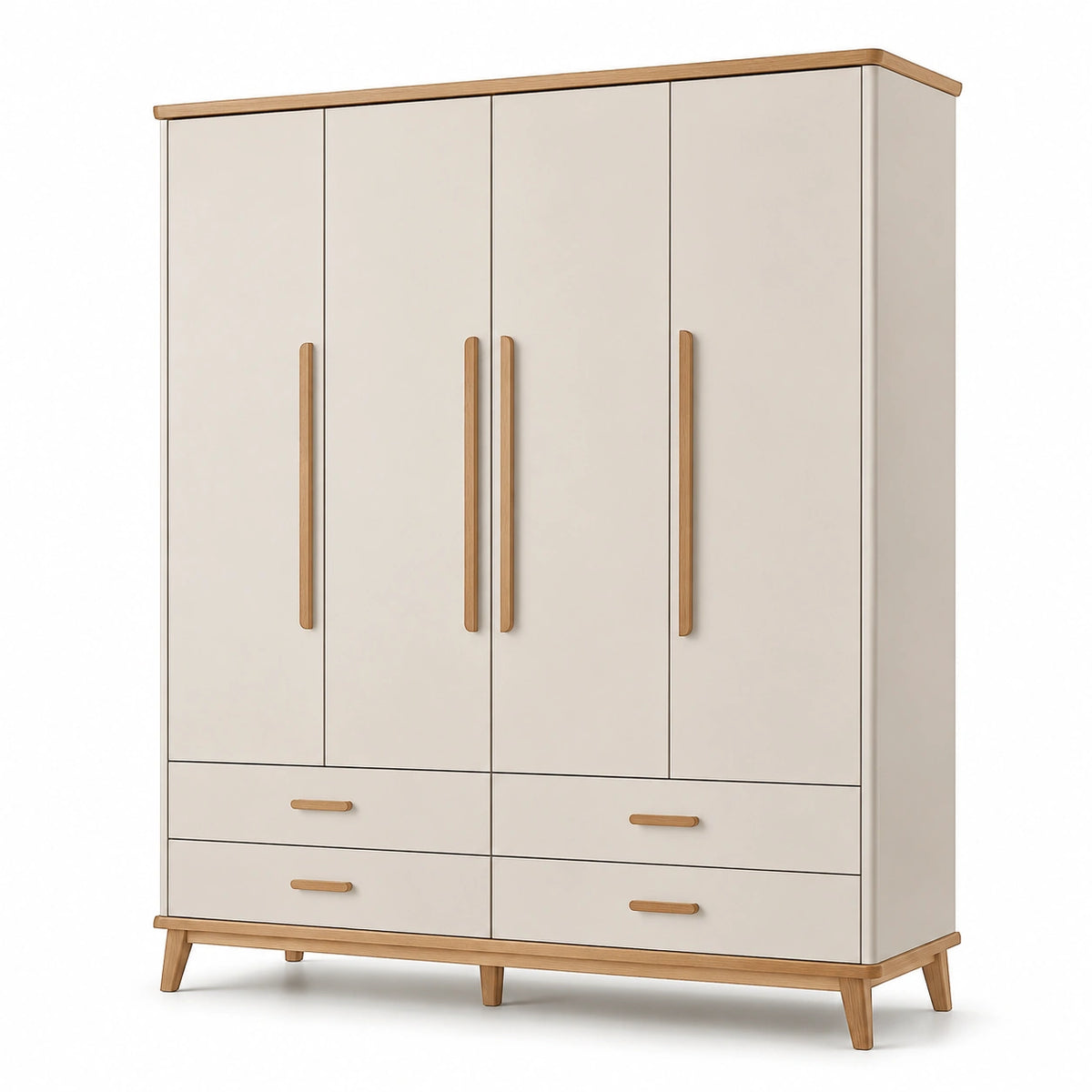 Armoire contemporaine beige et bois naturel, 180 x 55 x 200 cm, 4 portes et 4 tiroirs