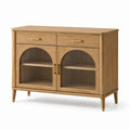 Buffet de rangement contemporain 120 x 40 x 90 cm, effet bois marron clair et verre cannelé brun fumé