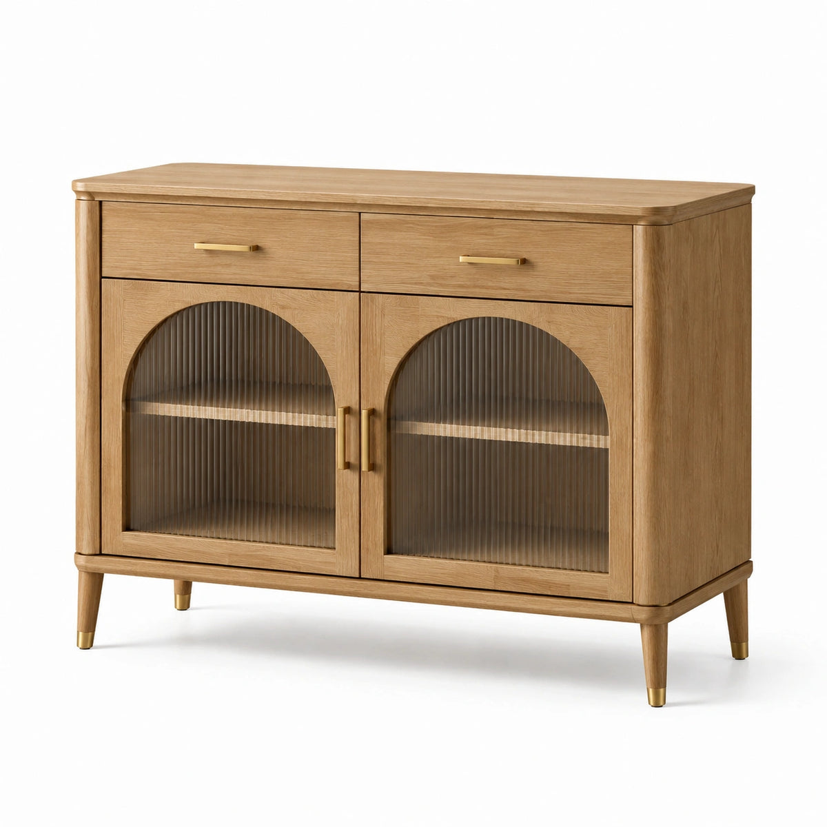 Buffet de rangement contemporain 120 x 40 x 90 cm, effet bois marron clair et verre cannelé brun fumé