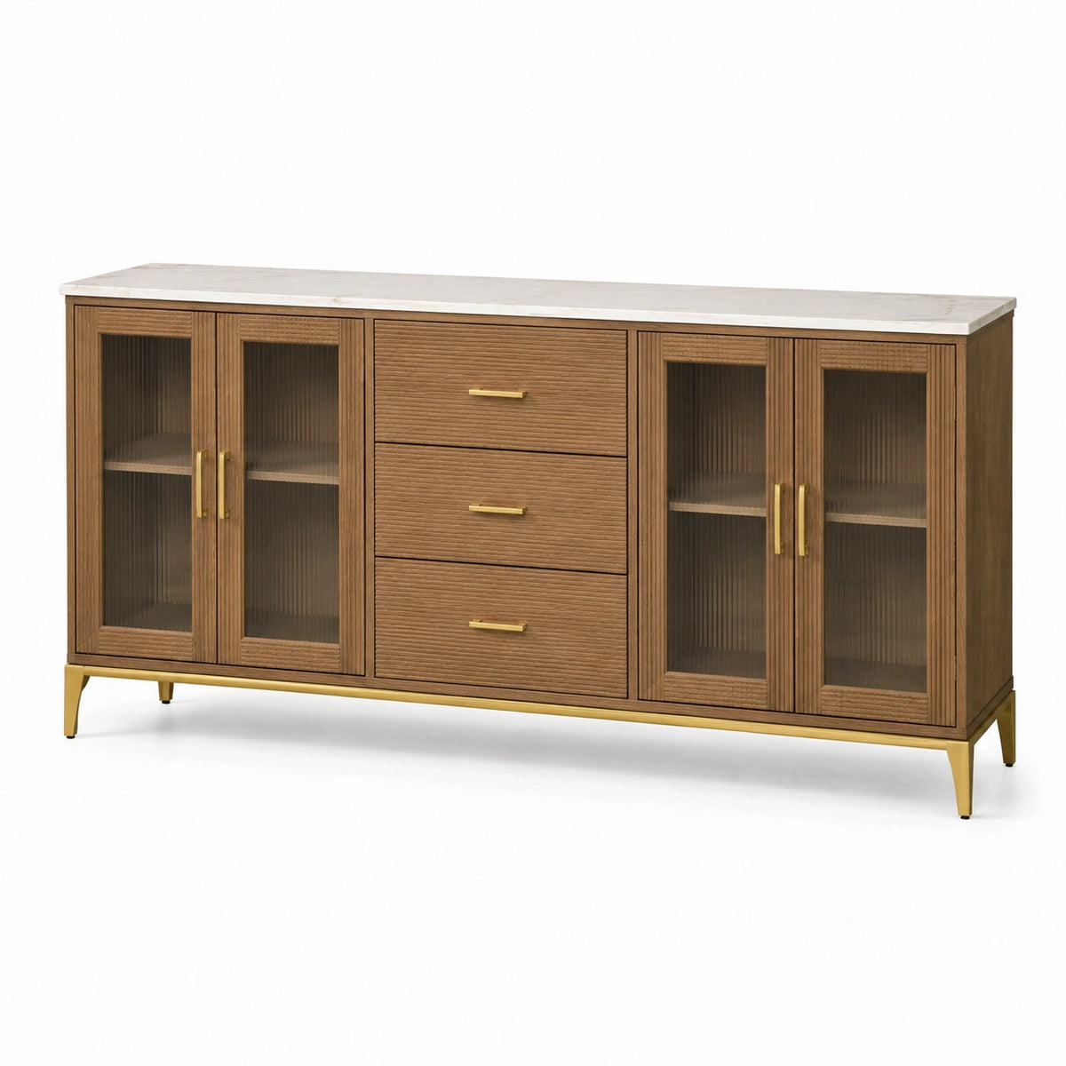 Buffet contemporain brun avec verre cannelé, plateau blanc et détails dorés, 180 x 40 x 85 cm