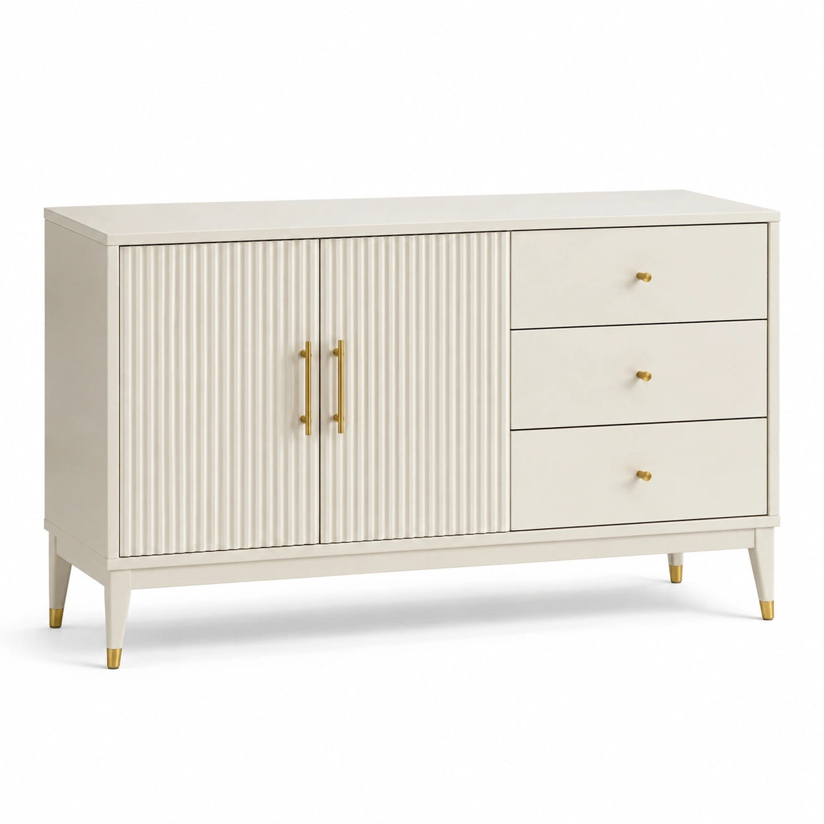 Buffet blanc cassé et doré 120 x 40 x 80 cm avec 2 portes cannelées et 3 tiroirs
