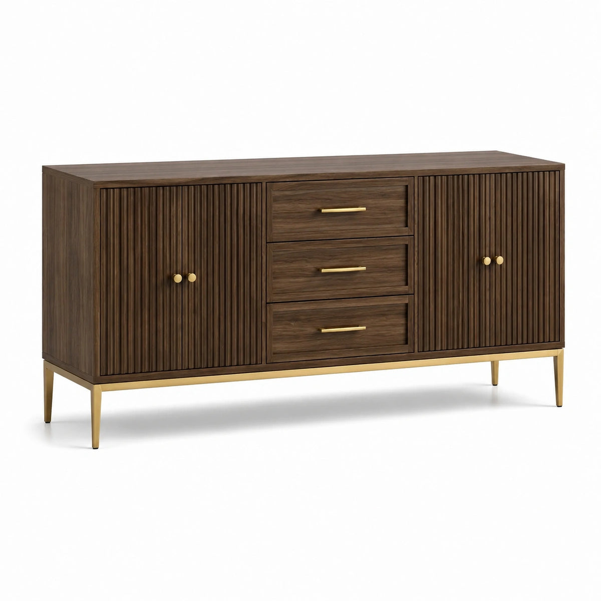 Buffet brun foncé et doré à 4 portes et 3 tiroirs, 160 x 40 x 80 cm