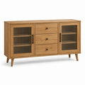 Buffet effet chêne naturel et noir 140 x 40 x 80 cm avec 2 portes en verre cannelé et 3 tiroirs