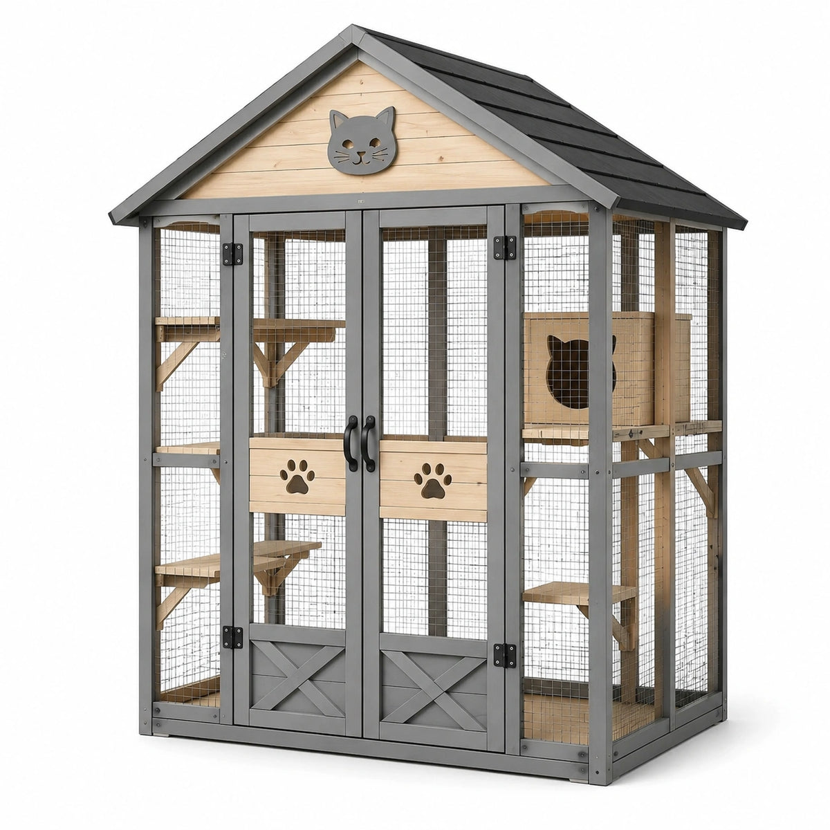 Enclos extérieur pour chat en bois gris, beige et noir, 180 x 120 x 200 cm, avec plateformes et maisonnette