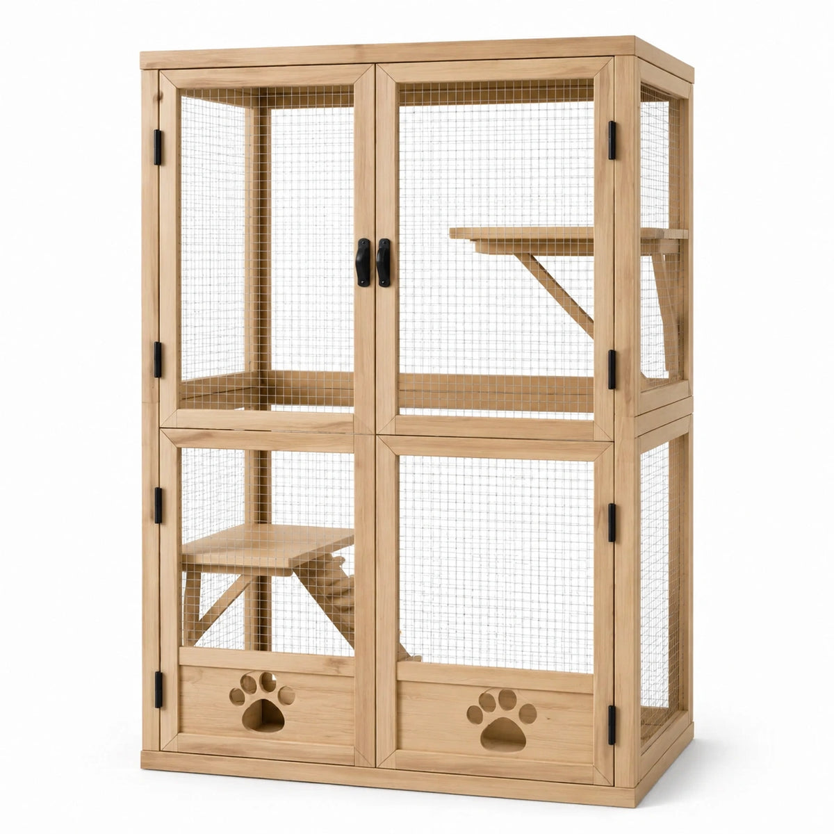 Enclos d'intérieur pour chat en bois naturel et grillage métallique, 90 x 60 x 150 cm, multiniveau
