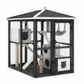 Grand enclos extérieur pour chat en bois noir, blanc et beige avec grillage métallique et toit couvert, 180 x 180 x 210 cm