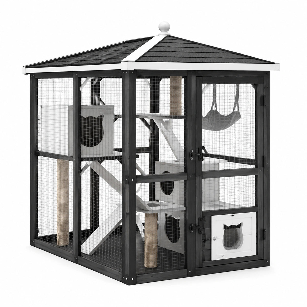 Grand enclos extérieur pour chat en bois noir, blanc et beige avec grillage métallique et toit couvert, 180 x 180 x 210 cm
