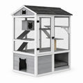 Enclos pour chat en bois et grillage à plusieurs niveaux, blanc, gris, noir et beige, 120 x 100 x 185 cm