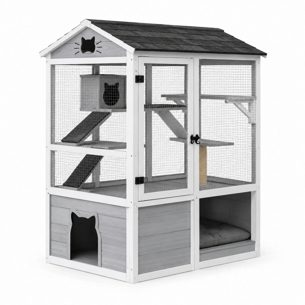 Enclos pour chat en bois et grillage à plusieurs niveaux, blanc, gris, noir et beige, 120 x 100 x 185 cm