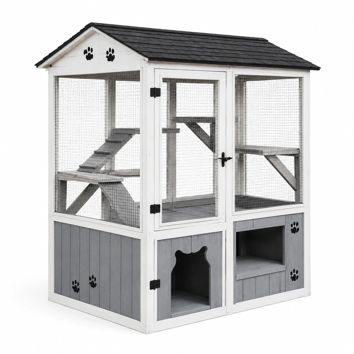 Enclos extérieur pour chat en bois blanc et gris avec grillage, toit noir et plateformes, 120 x 120 x 180 cm