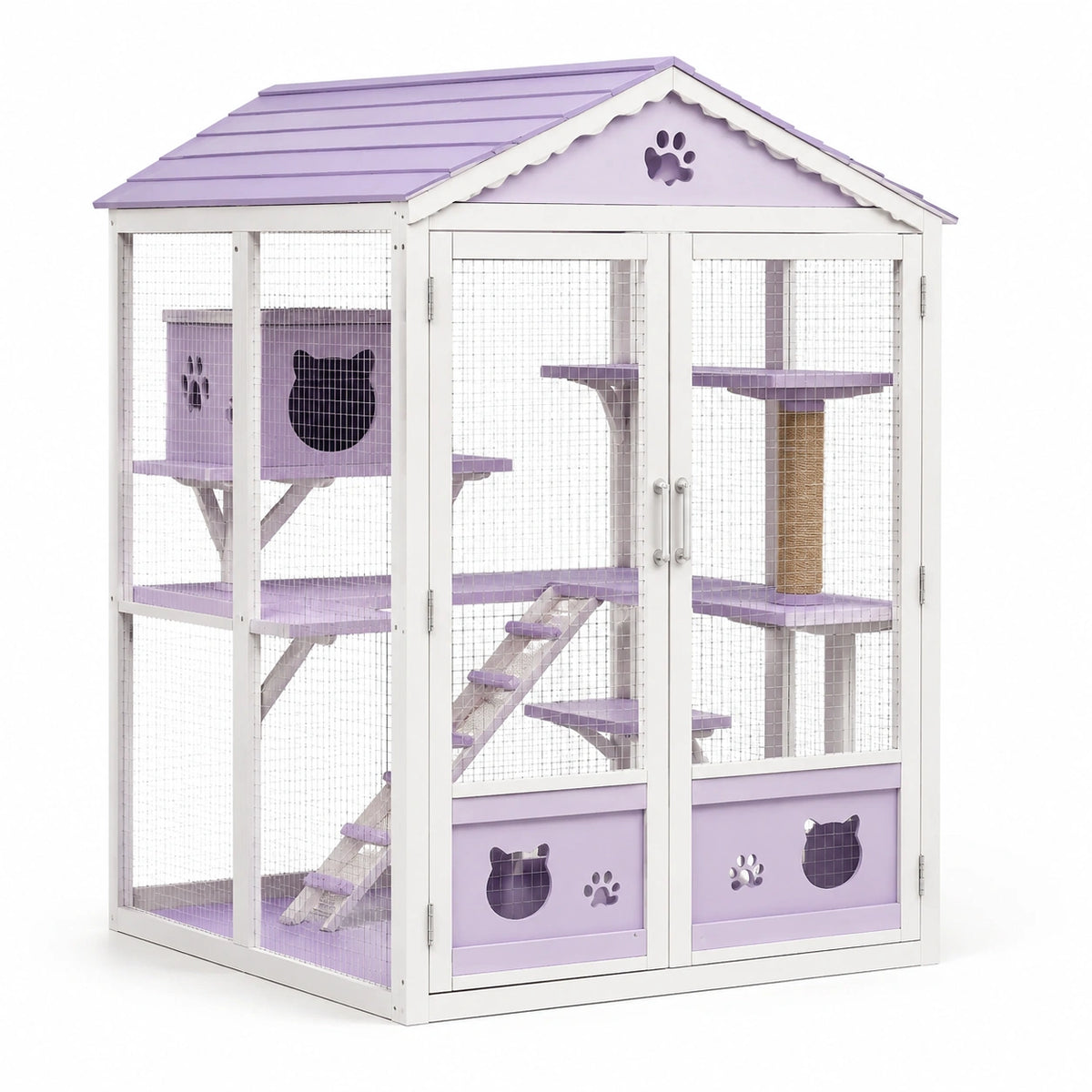 Enclos pour chat en bois à plusieurs niveaux, blanc, violet et beige, 120 x 80 x 180 cm