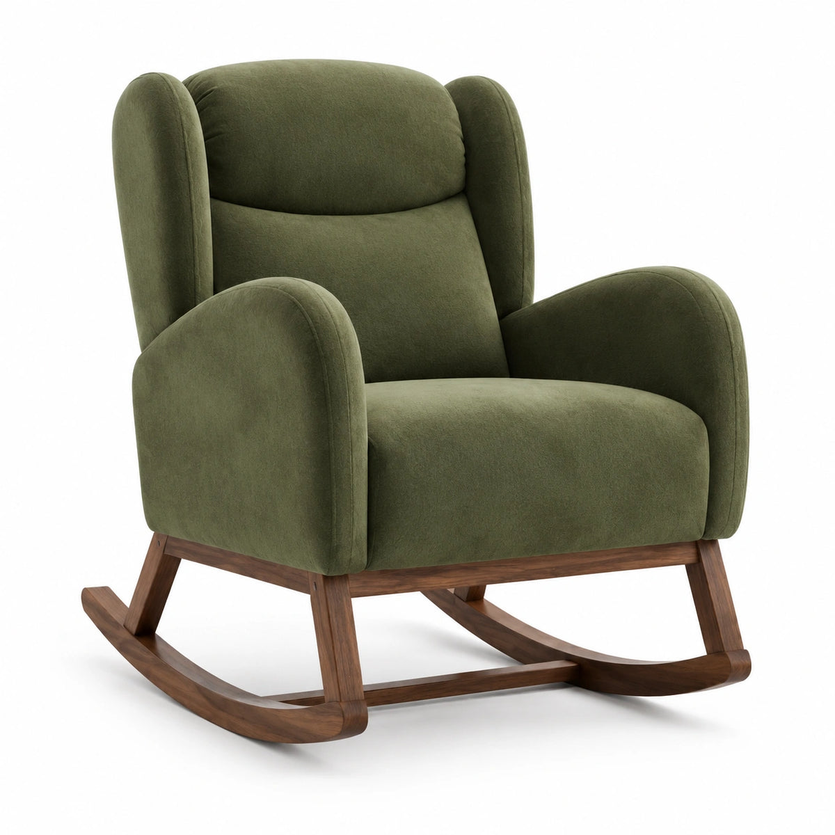 Fauteuil à bascule contemporain en velours vert et bois brun, 78 x 92 x 104 cm