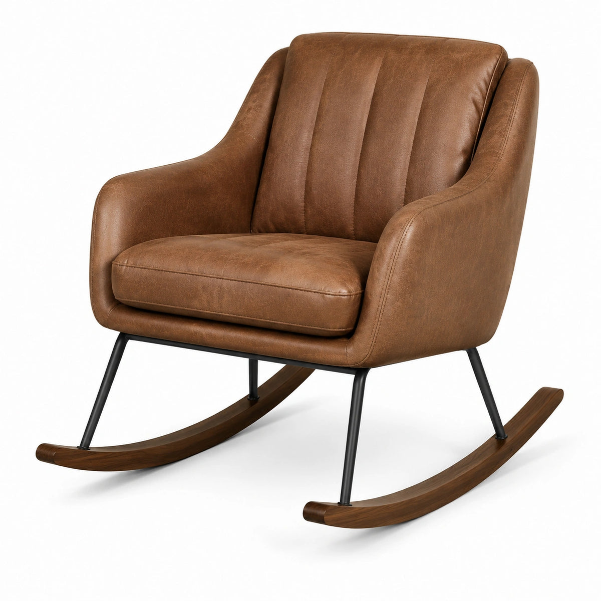 Fauteuil à bascule en similicuir marron avec patins en bois foncé, 75 x 90 x 90 cm