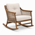 Fauteuil à bascule en bois marron avec coussins beiges et accoudoirs, 80 x 95 x 92 cm
