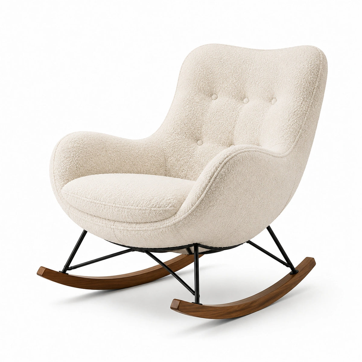 Fauteuil à bascule contemporain en tissu bouclé crème avec patins en bois, 100 x 90 x 96 cm