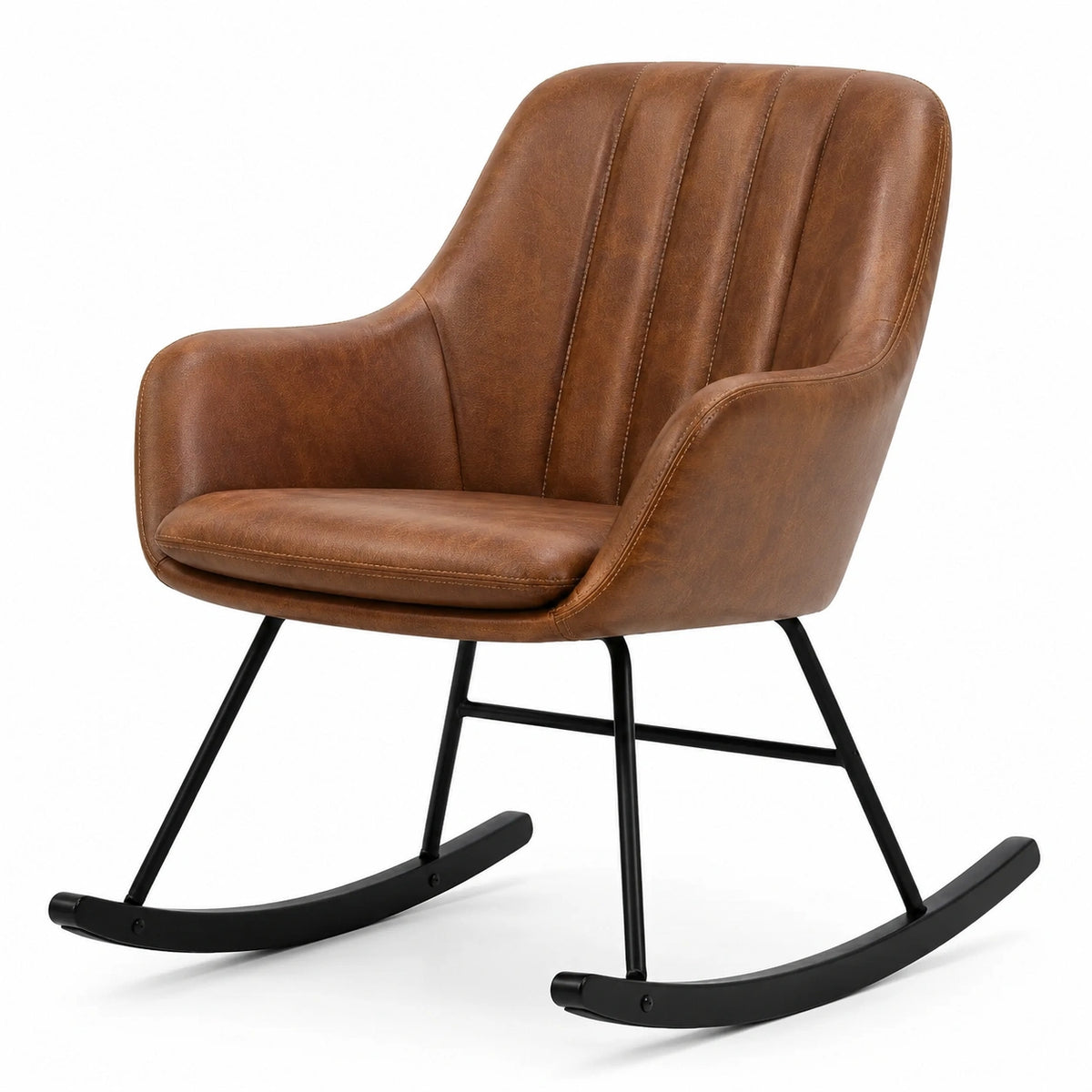 Fauteuil à bascule industriel 70 x 90 x 95 cm, aspect cuir marron et métal noir