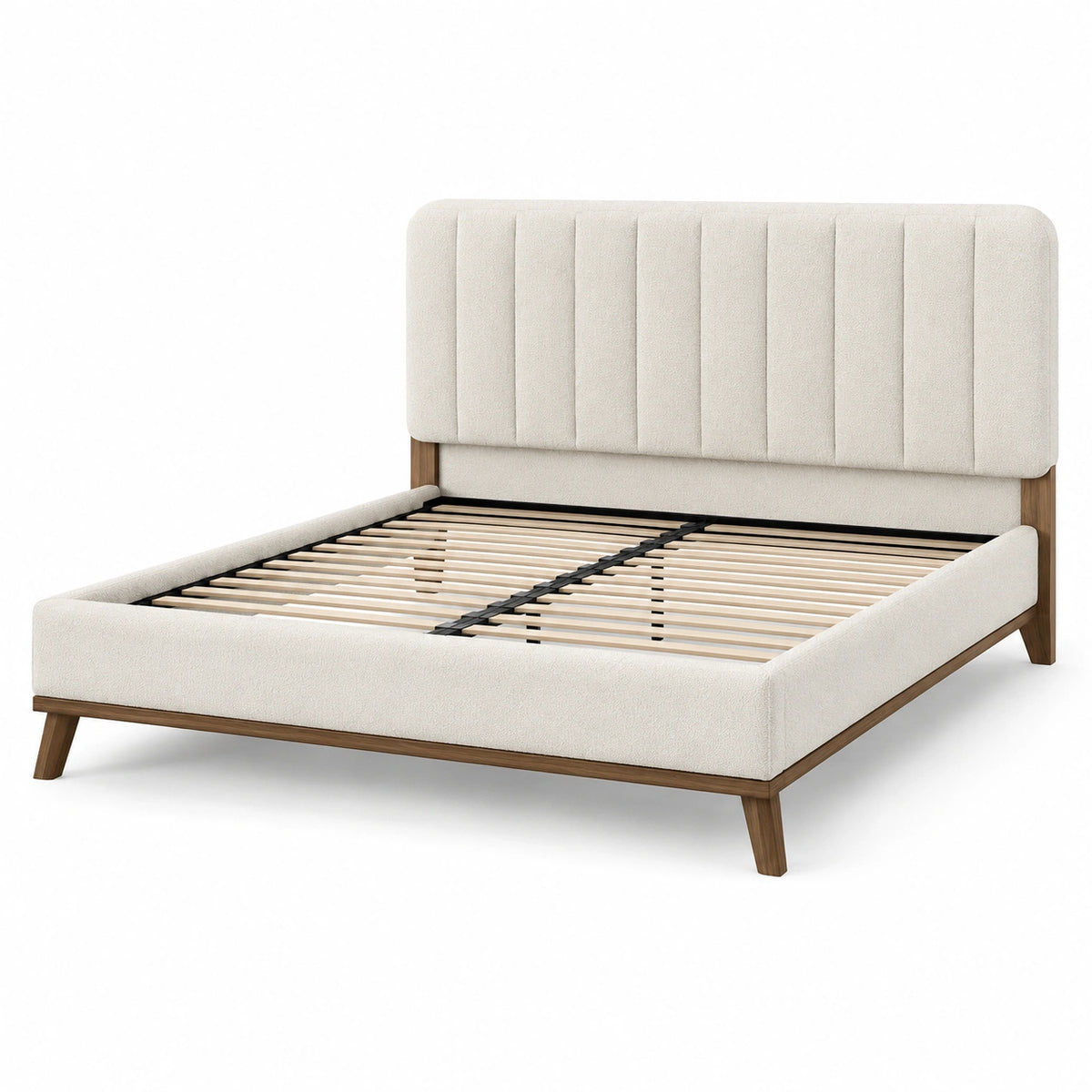 Lit double rembourré en tissu bouclé ivoire et bois marron avec sommier à lattes, couchage 160 x 200 cm, dimensions 218 x 170 x 110 cm