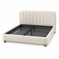 Lit double rembourré beige 160 x 200 cm avec tête de lit et sommier à lattes métalliques, 221 x 178 x 108 cm