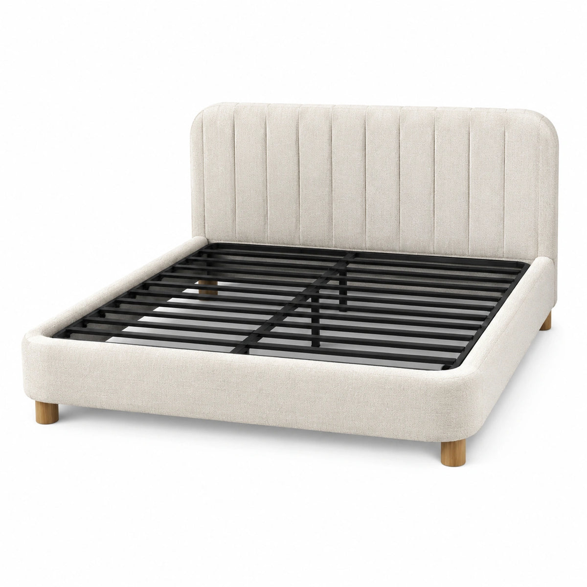Lit double rembourré beige 160 x 200 cm avec tête de lit et sommier à lattes métalliques, 221 x 178 x 108 cm