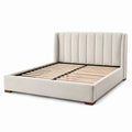 Lit double rembourré beige 160 x 200 cm, dimensions 221 x 174 x 112 cm, tête de lit à panneaux verticaux et sommier à lattes
