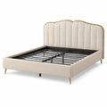 Lit double rembourré beige avec finitions dorées et structure noire, couchage 160 x 200 cm, dimensions 216 x 169 x 110 cm