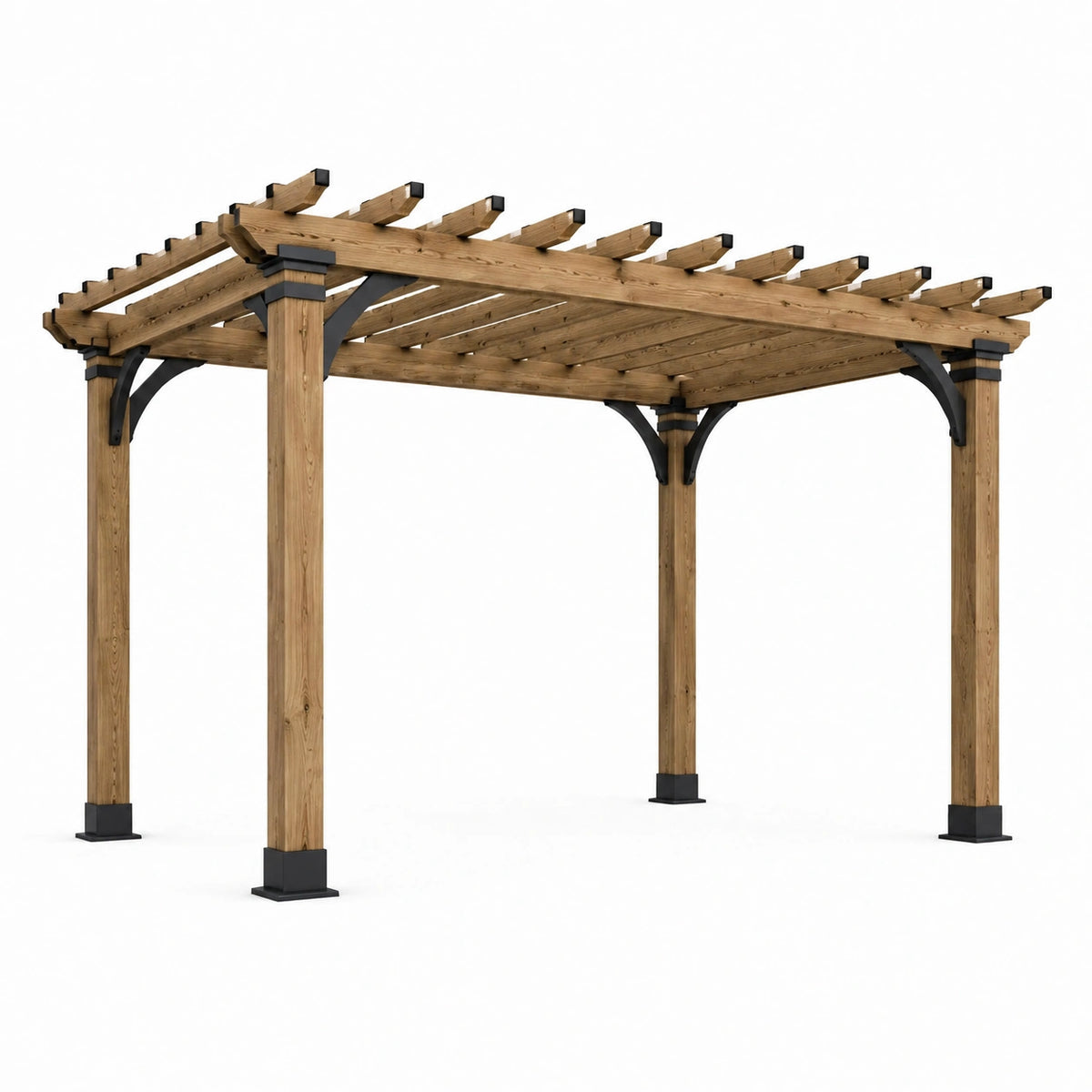 Pergola de jardin en bois naturel et métal noir, 400 x 300 x 250 cm, toit ajouré, style rustique